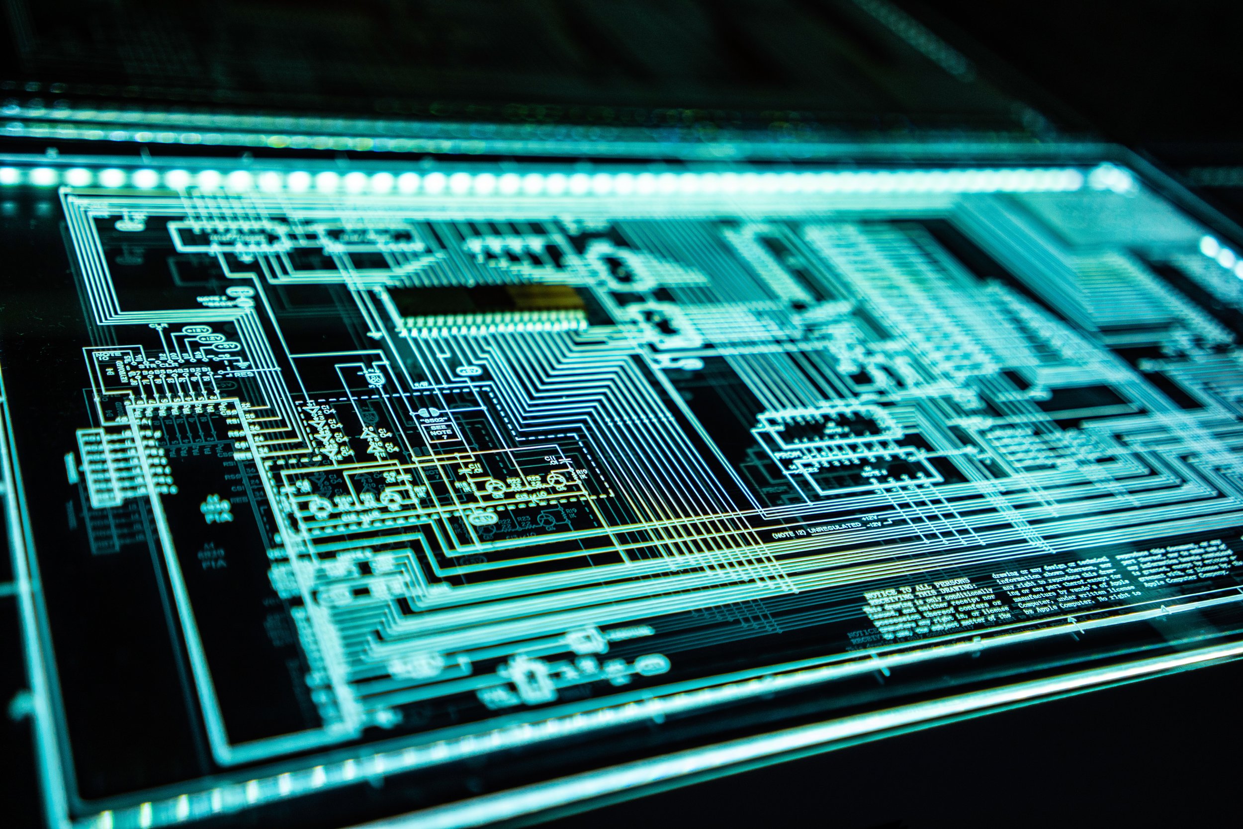 Stylized view of a circuit board, possibly from a computer CPU